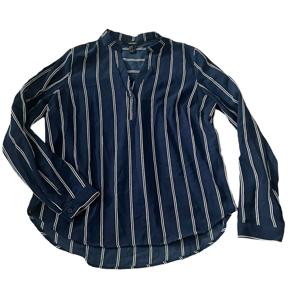 Forever21 Navy and White Striped Long Sleeve Dress Shirt